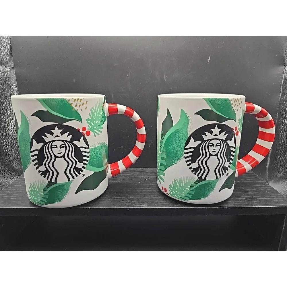 Lot Of 2 2019 Starbucks Christmas Holly Mugs‎ Candy Cane Handle 12 Oz